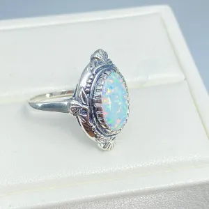 Opal Ring, Size 8, Oval Wreath Filigree Ring - Vintage Art Nouveau Style Ring D74 - Ready to Ship