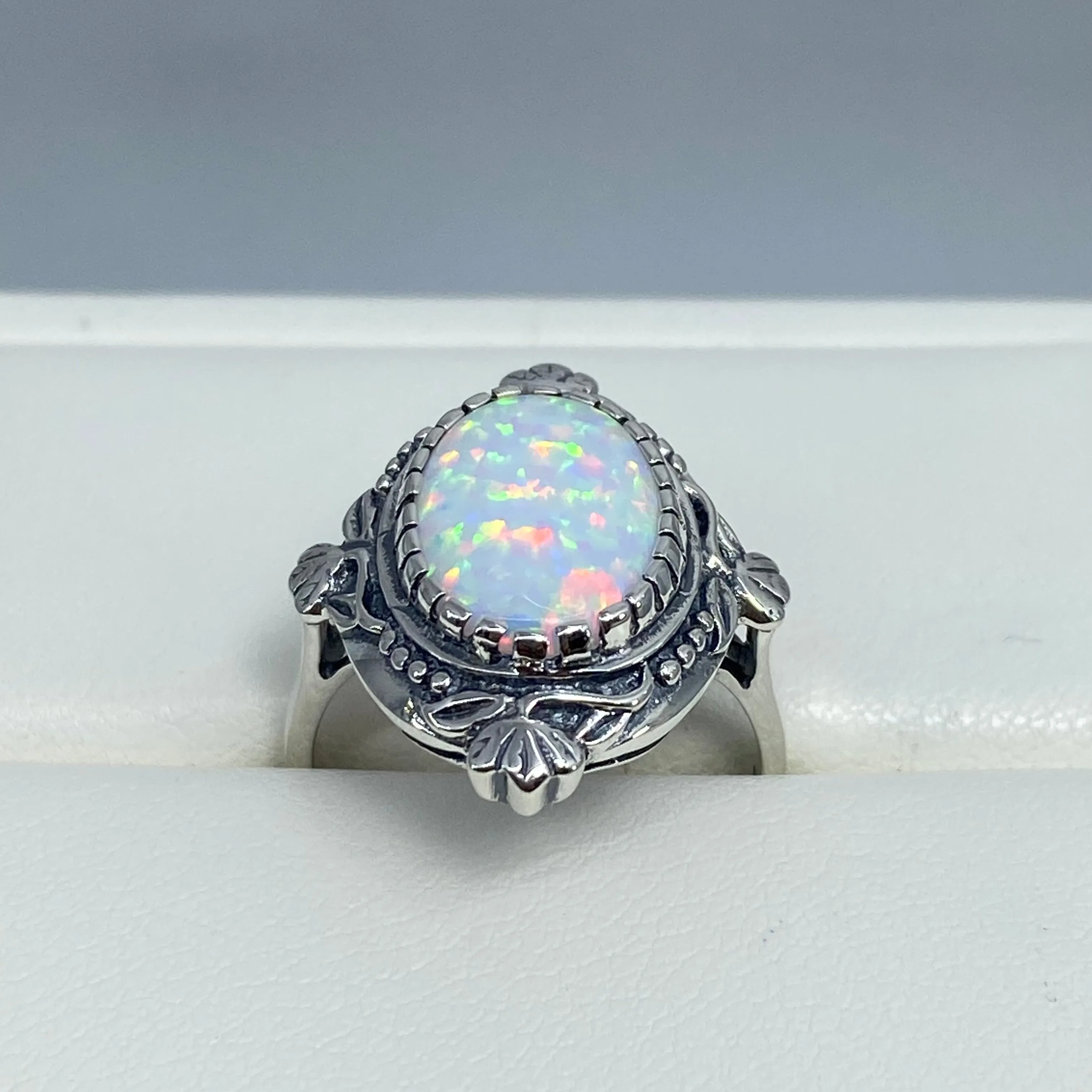 Opal Ring, Size 8, Oval Wreath Filigree Ring - Vintage Art Nouveau Style Ring D74 - Ready to Ship