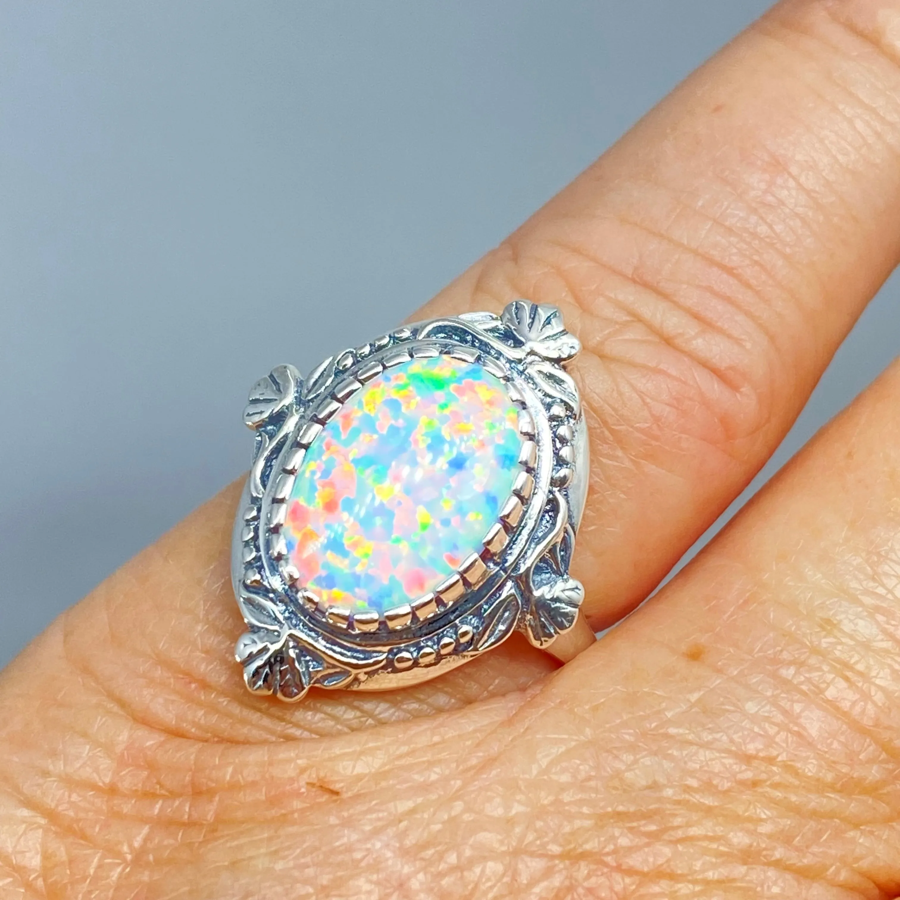 Opal Ring, Size 8, Oval Wreath Filigree Ring - Vintage Art Nouveau Style Ring D74 - Ready to Ship
