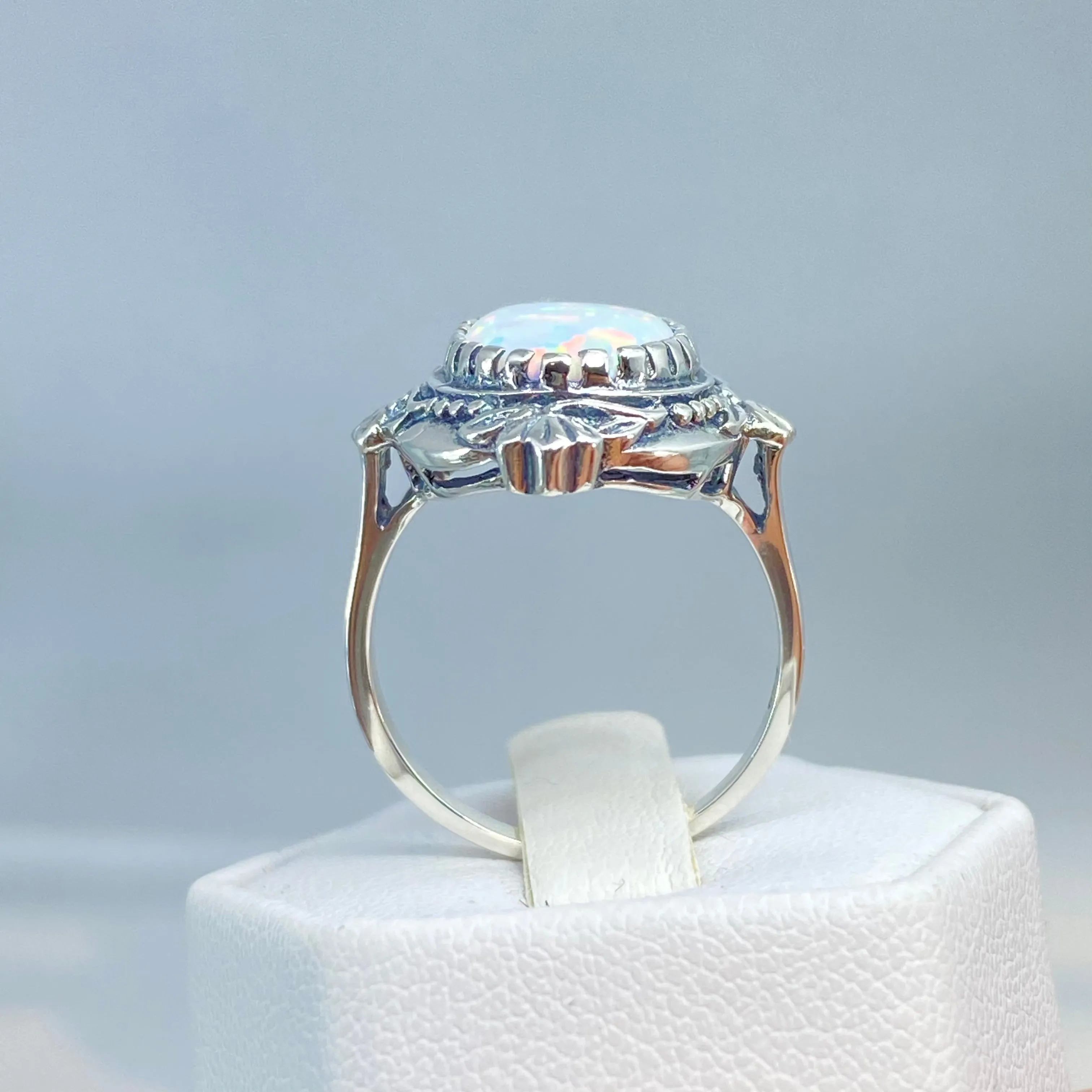 Opal Ring, Size 8, Oval Wreath Filigree Ring - Vintage Art Nouveau Style Ring D74 - Ready to Ship