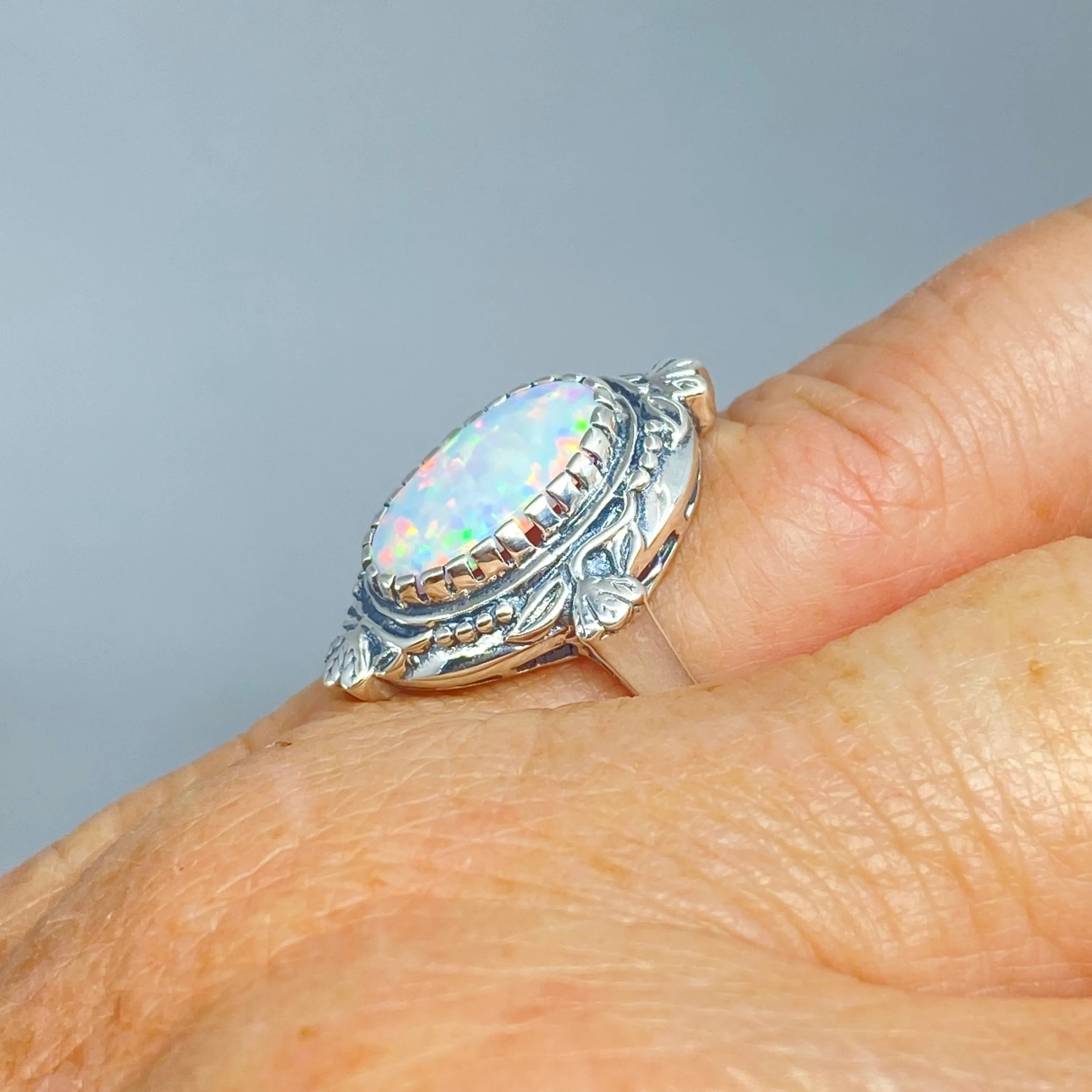 Opal Ring, Size 8, Oval Wreath Filigree Ring - Vintage Art Nouveau Style Ring D74 - Ready to Ship