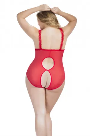 Open Cup Crotchless Teddy - Red - Queen Size