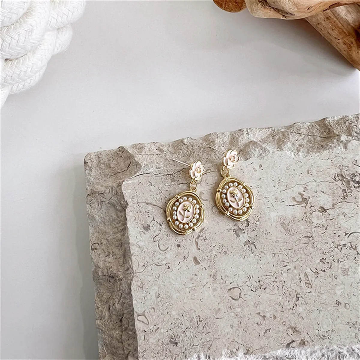Pearl & White Enamel 18K Gold-Plated Floral Cameo Drop Earrings