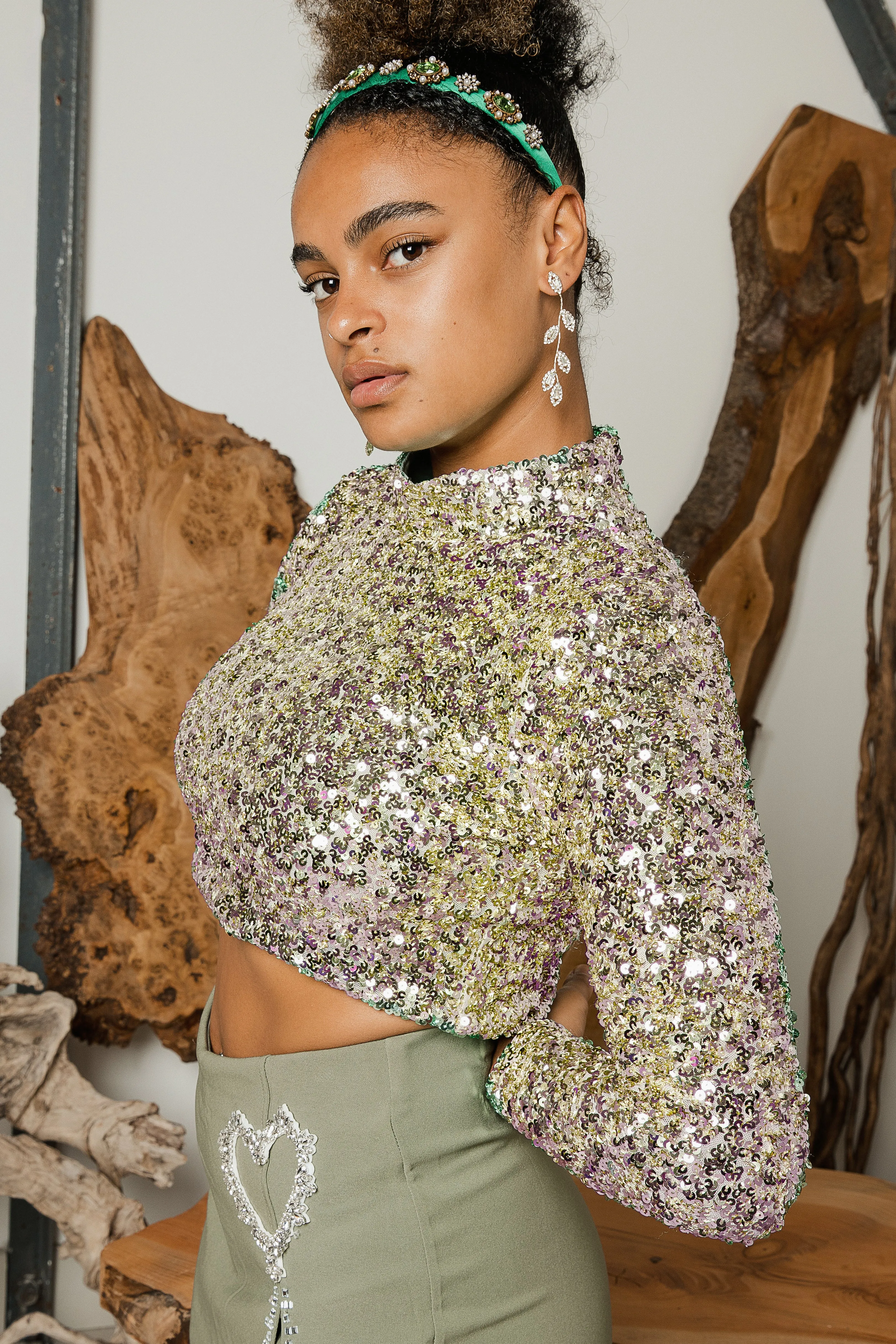 Polo Neck Sequin Sparkle Long Sleeve Top