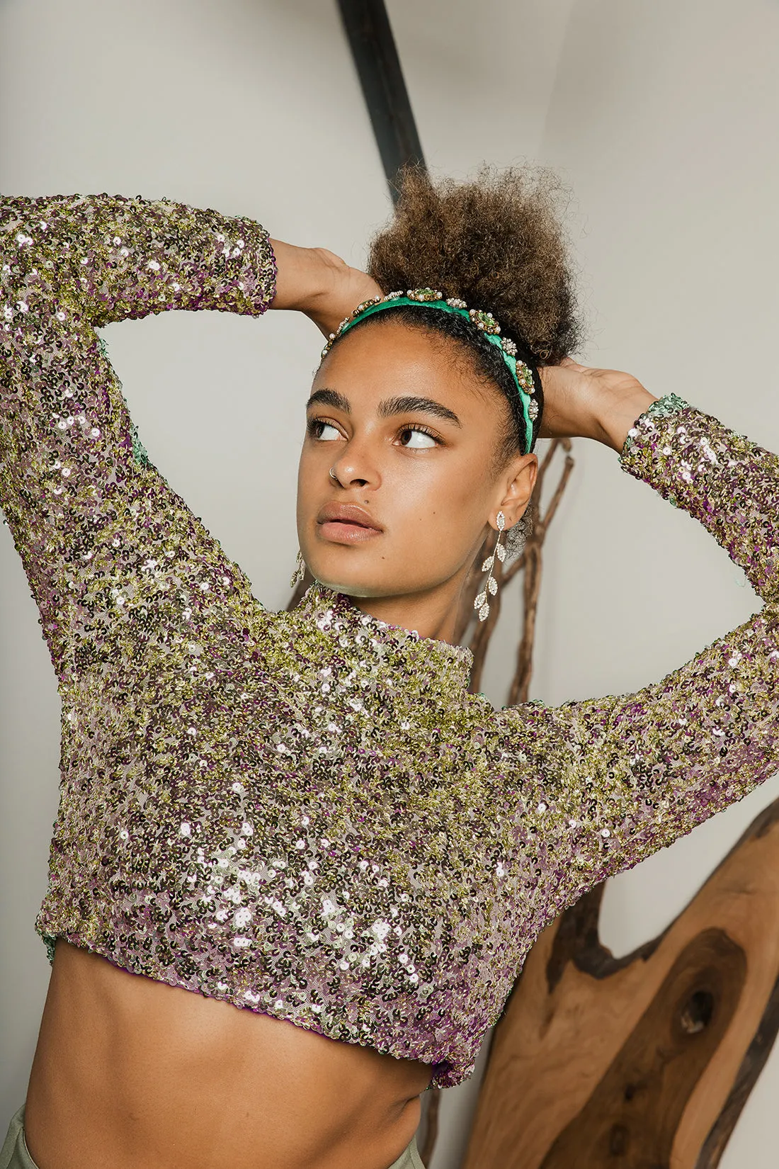 Polo Neck Sequin Sparkle Long Sleeve Top