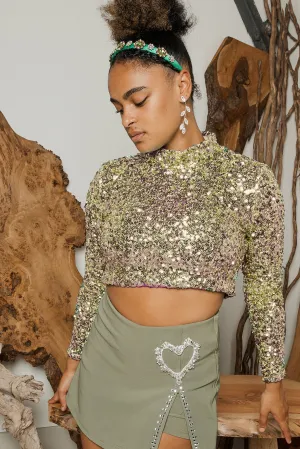 Polo Neck Sequin Sparkle Long Sleeve Top