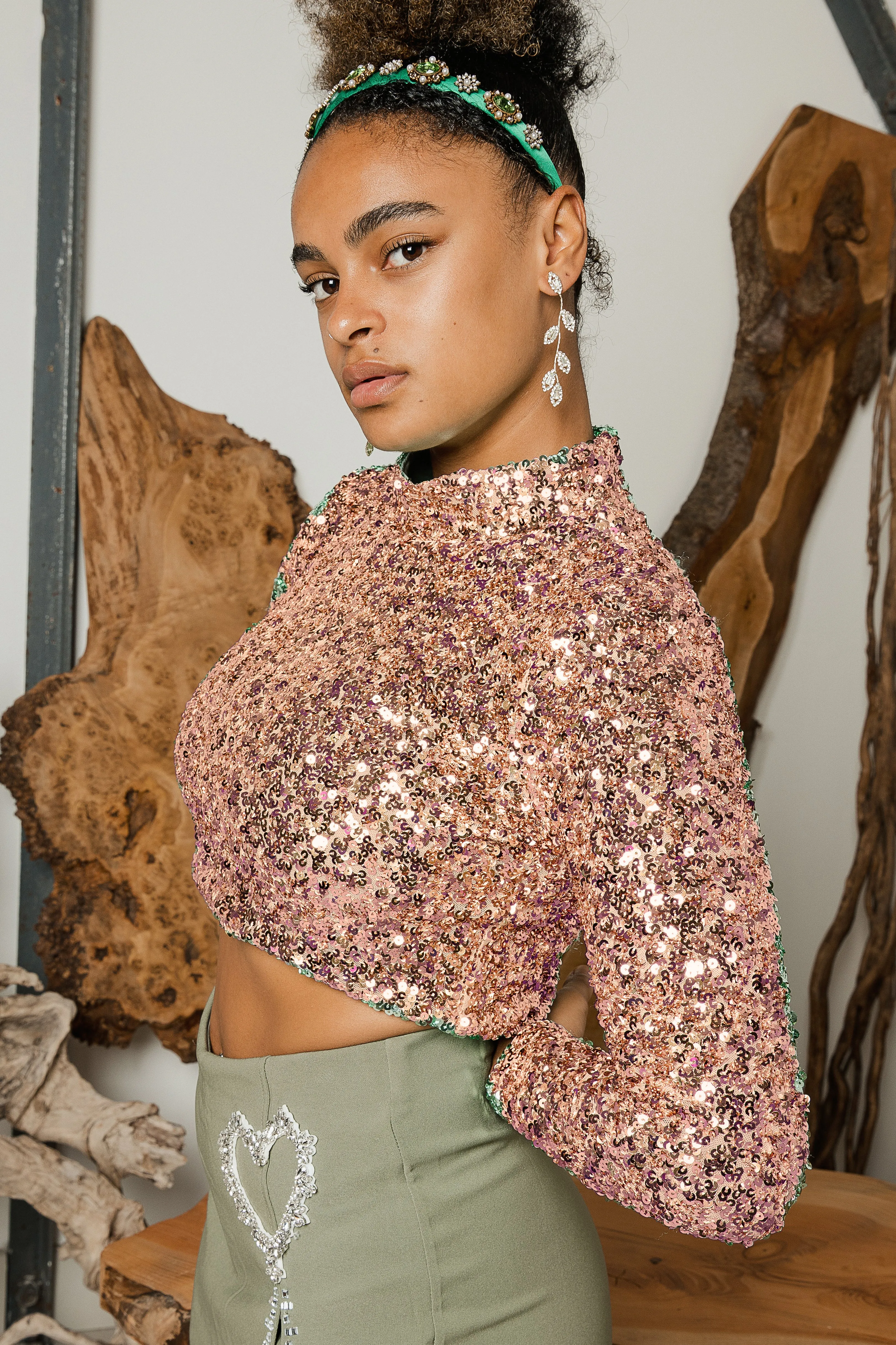 Polo Neck Sequin Sparkle Long Sleeve Top