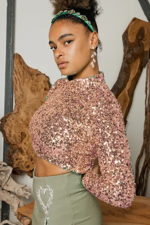 Polo Neck Sequin Sparkle Long Sleeve Top