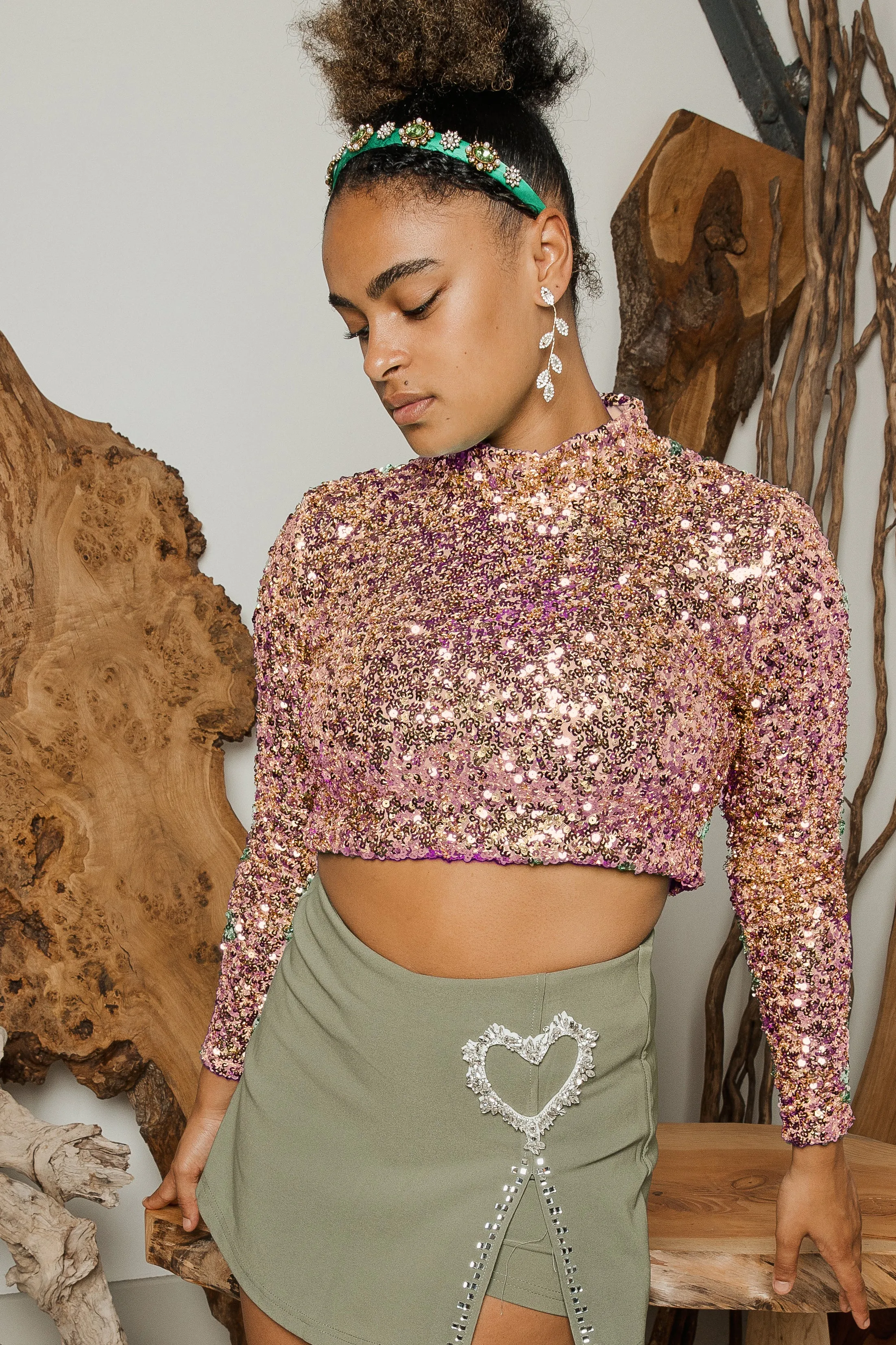 Polo Neck Sequin Sparkle Long Sleeve Top