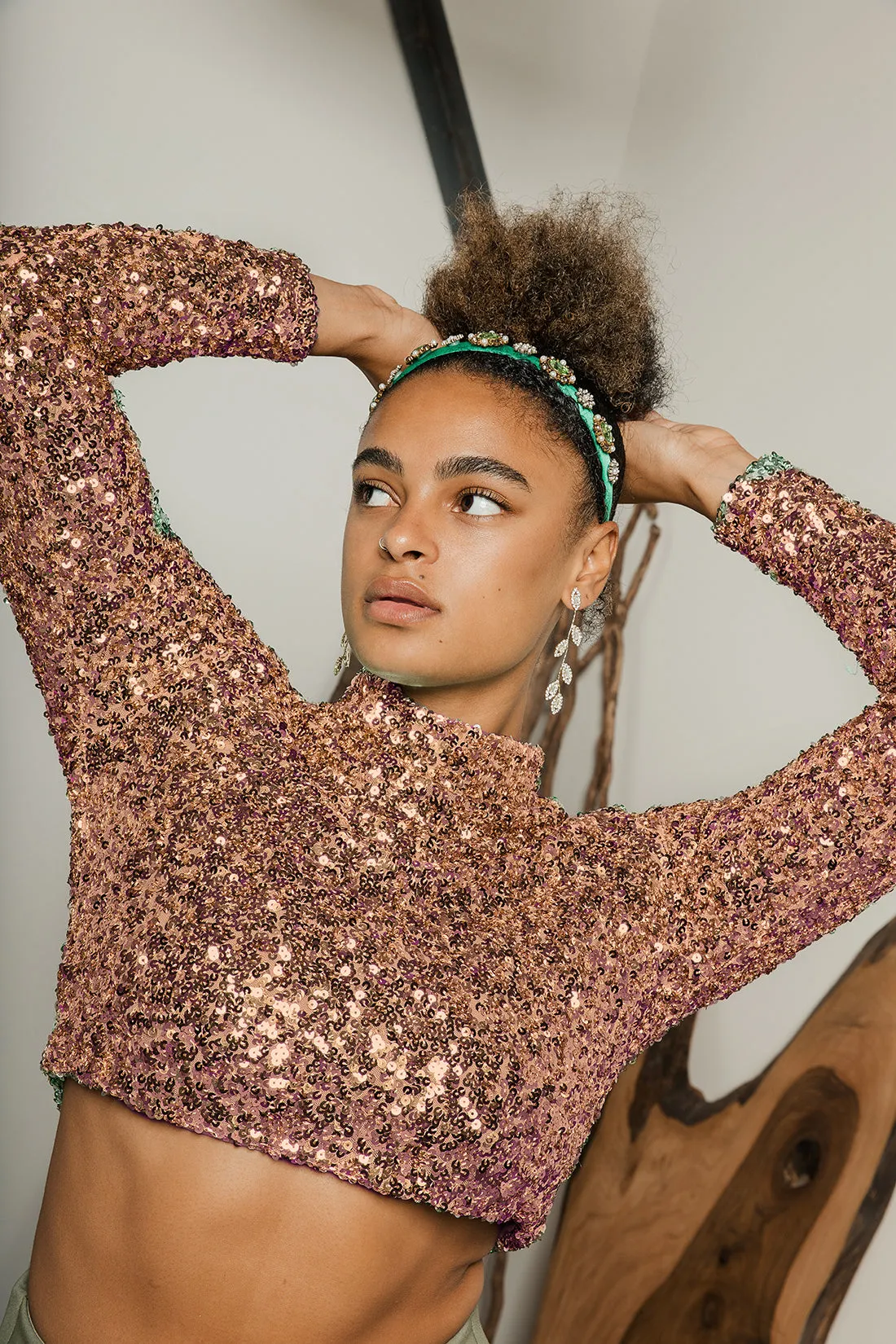 Polo Neck Sequin Sparkle Long Sleeve Top