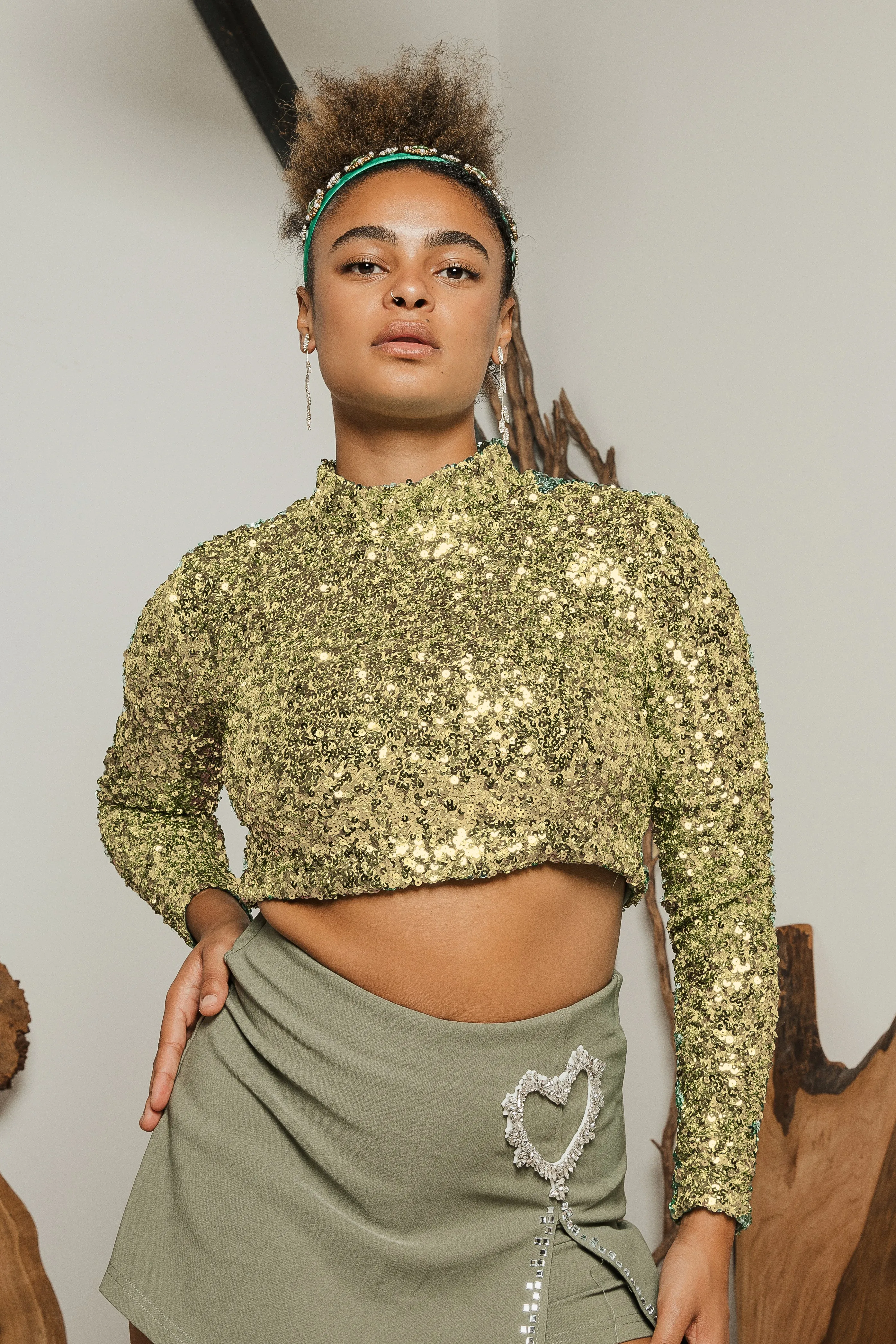 Polo Neck Sequin Sparkle Long Sleeve Top