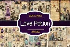 Printable Retro Gothic Mystic Love Potion PNG Sublimation Graphic Digital Paper DIY Junk Journal Scrapbooks Wall Decor Personalized Cards