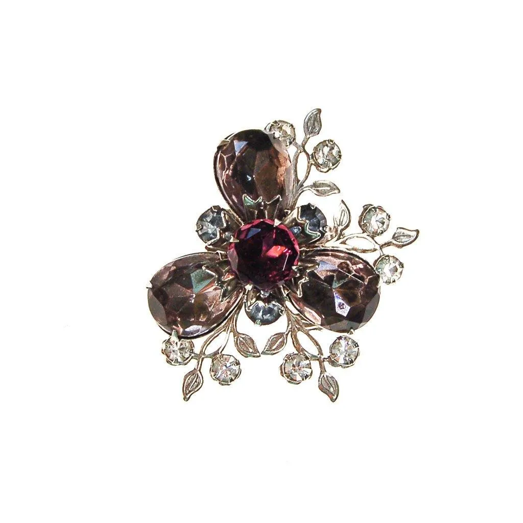 Purple and Smokey Gray Rhinestone Flower Brooch