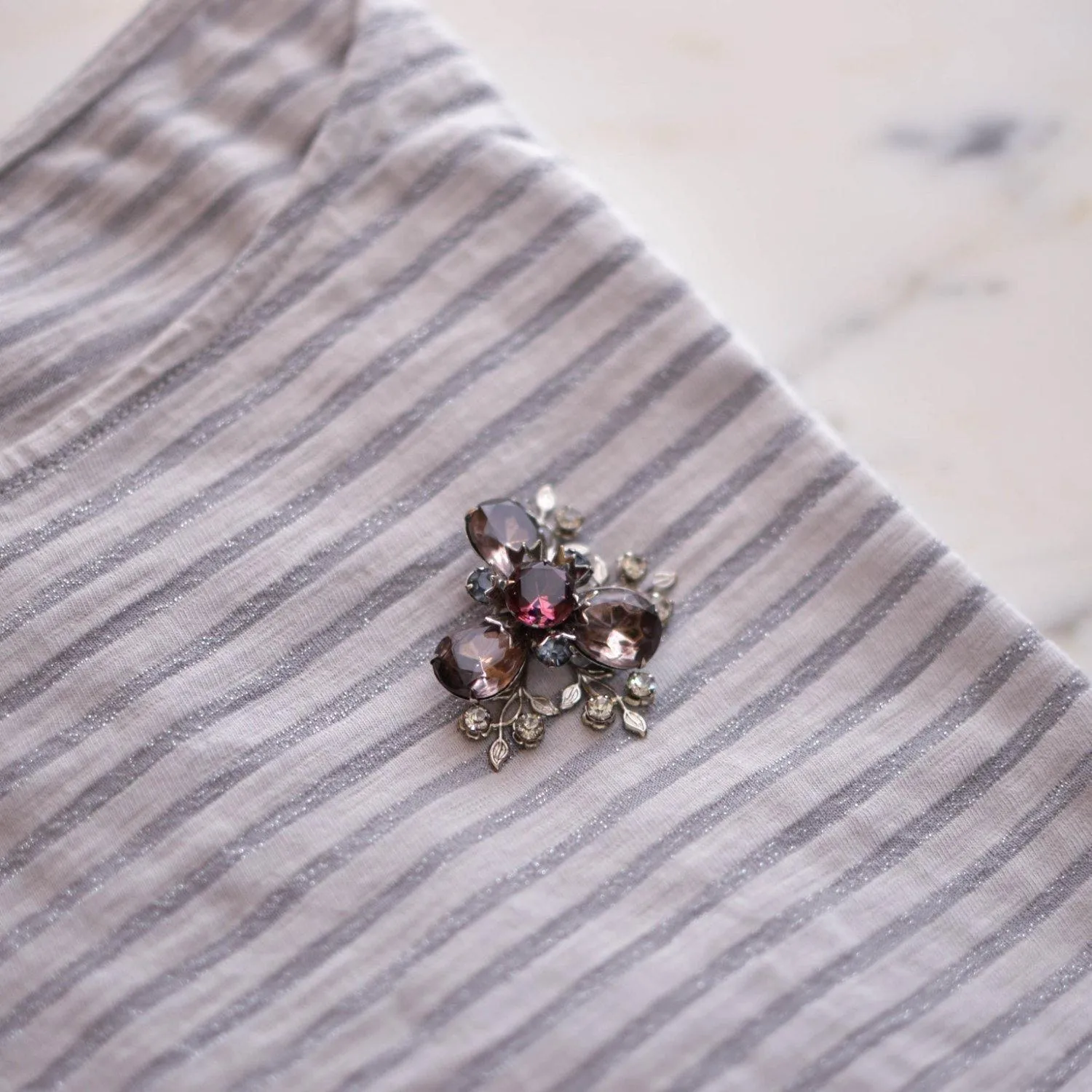 Purple and Smokey Gray Rhinestone Flower Brooch