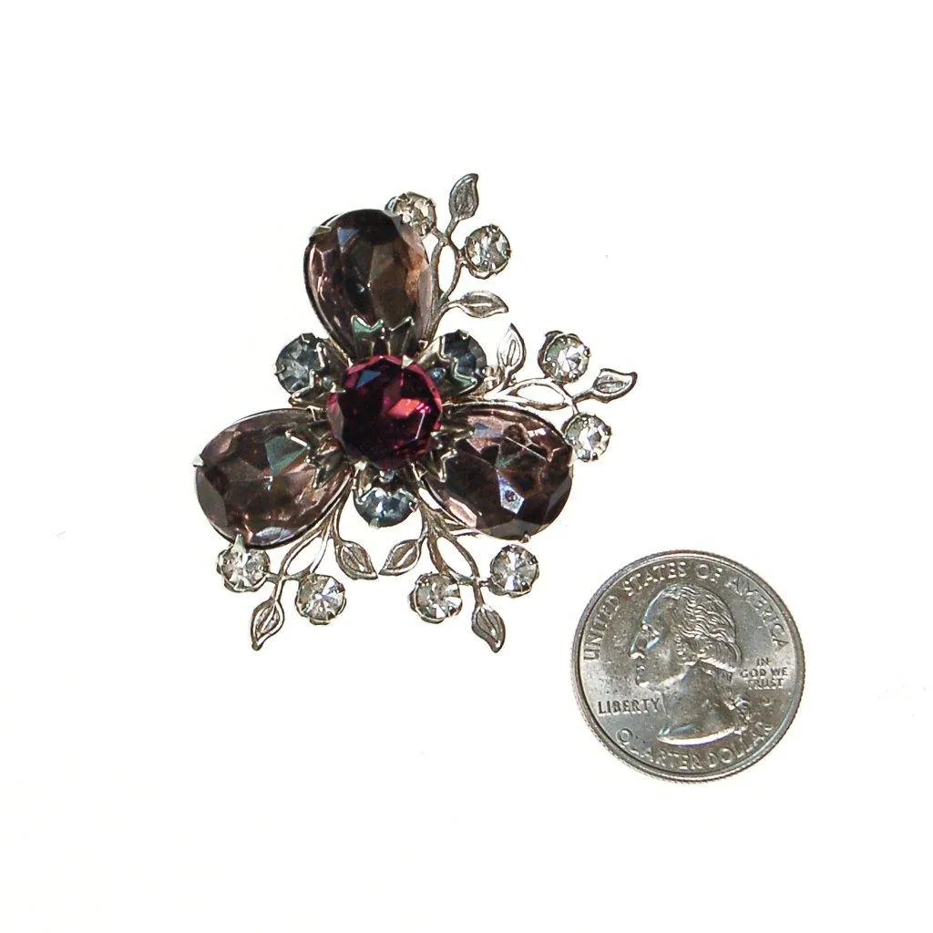 Purple and Smokey Gray Rhinestone Flower Brooch