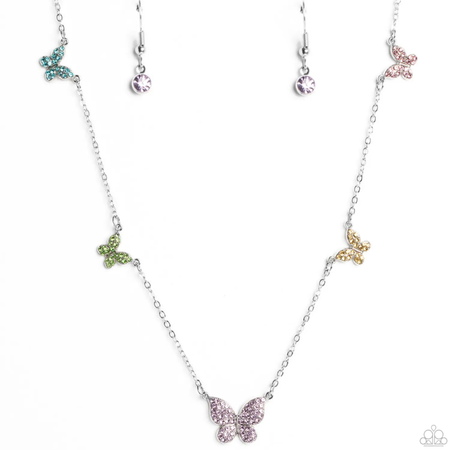 "FAIRY Special" Silver Metal & Multi Color Rhinestone Dainty Butterfly Necklace Set