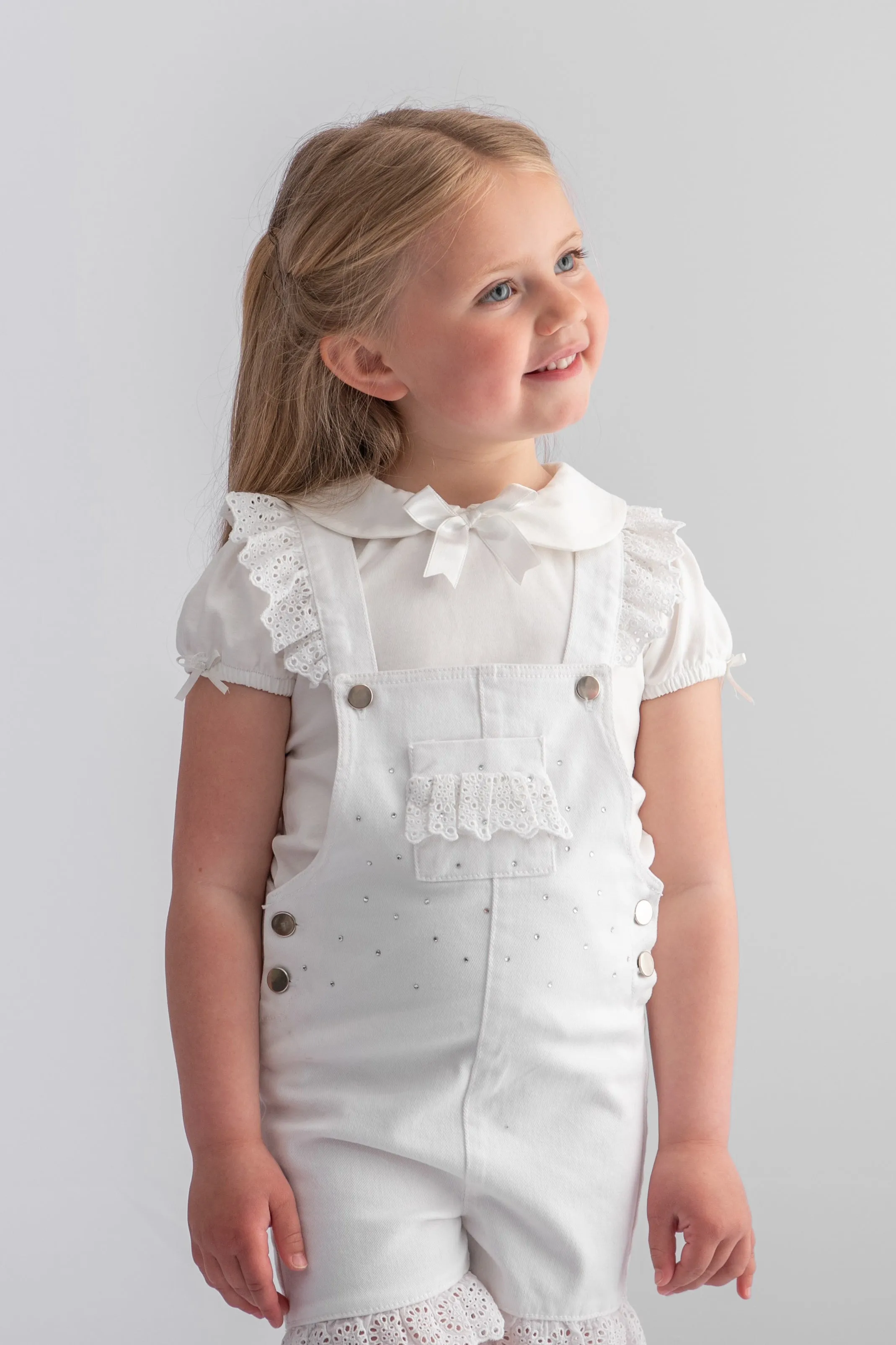 "Penelope" White Diamanté Denim Dungarees