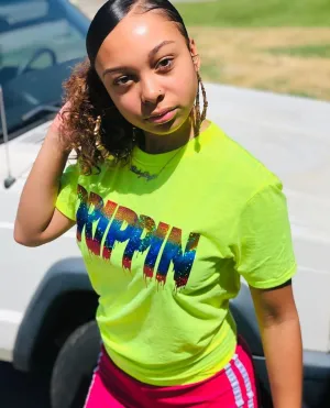 Rainbow Sparkle Drippin | Neon Yellow Tee