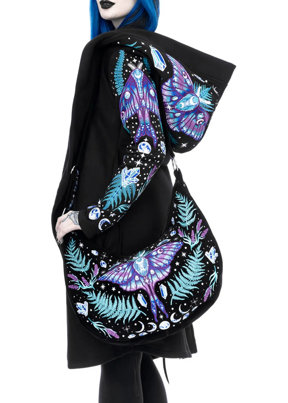 Restyle Enchanted Forest Moth Fern Embroidery Hobo Bag Black