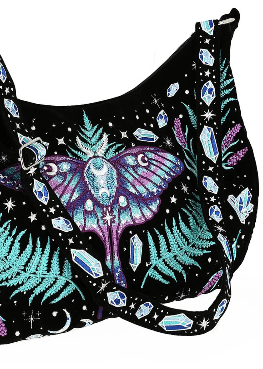 Restyle Enchanted Forest Moth Fern Embroidery Hobo Bag Black