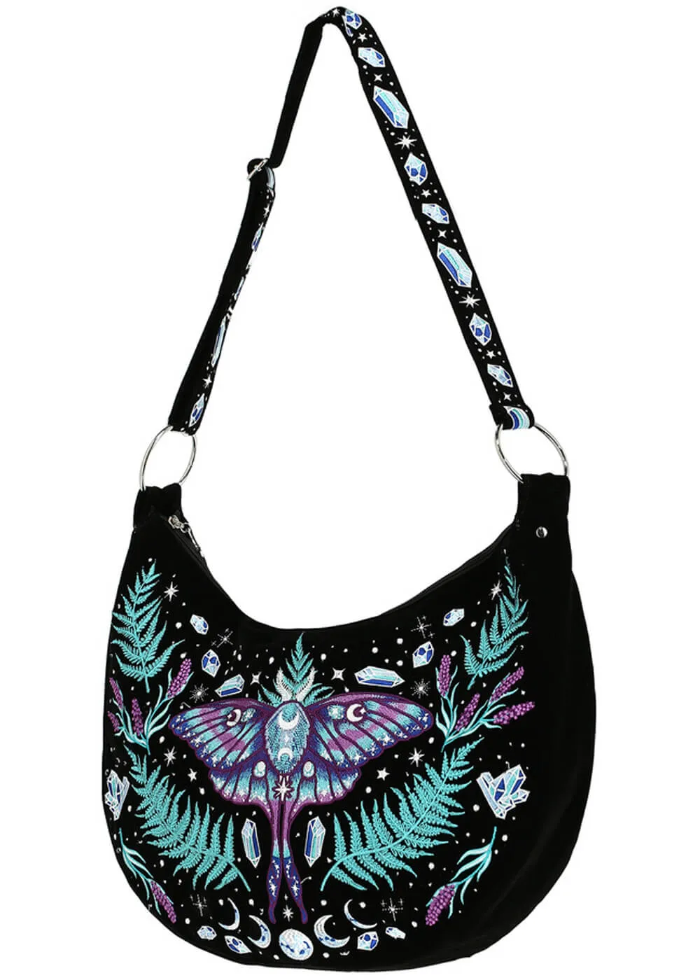 Restyle Enchanted Forest Moth Fern Embroidery Hobo Bag Black