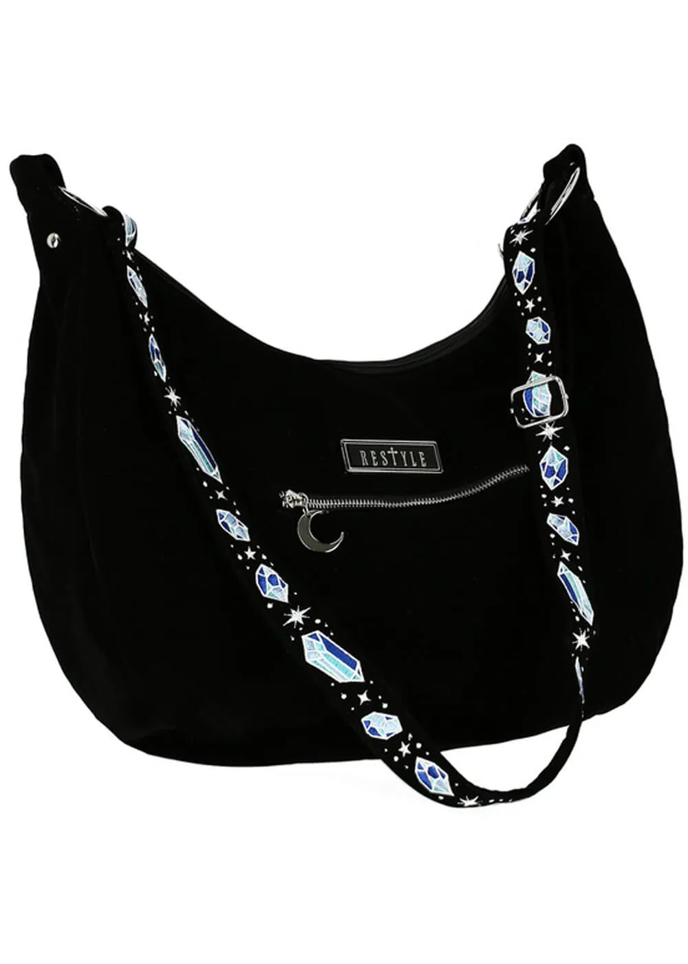 Restyle Enchanted Forest Moth Fern Embroidery Hobo Bag Black