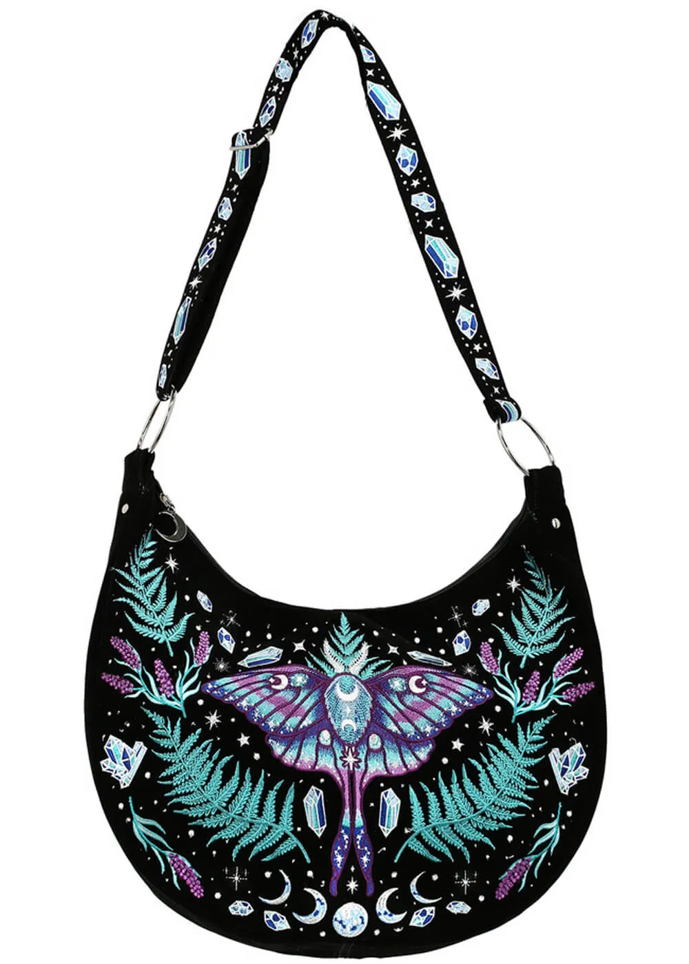 Restyle Enchanted Forest Moth Fern Embroidery Hobo Bag Black