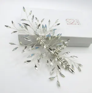 Rhinestone Bridal Hairclip, Wedding Opal Leaf Hairpiece, Crystal Gem Silver Alligator Hair Clip Accessory