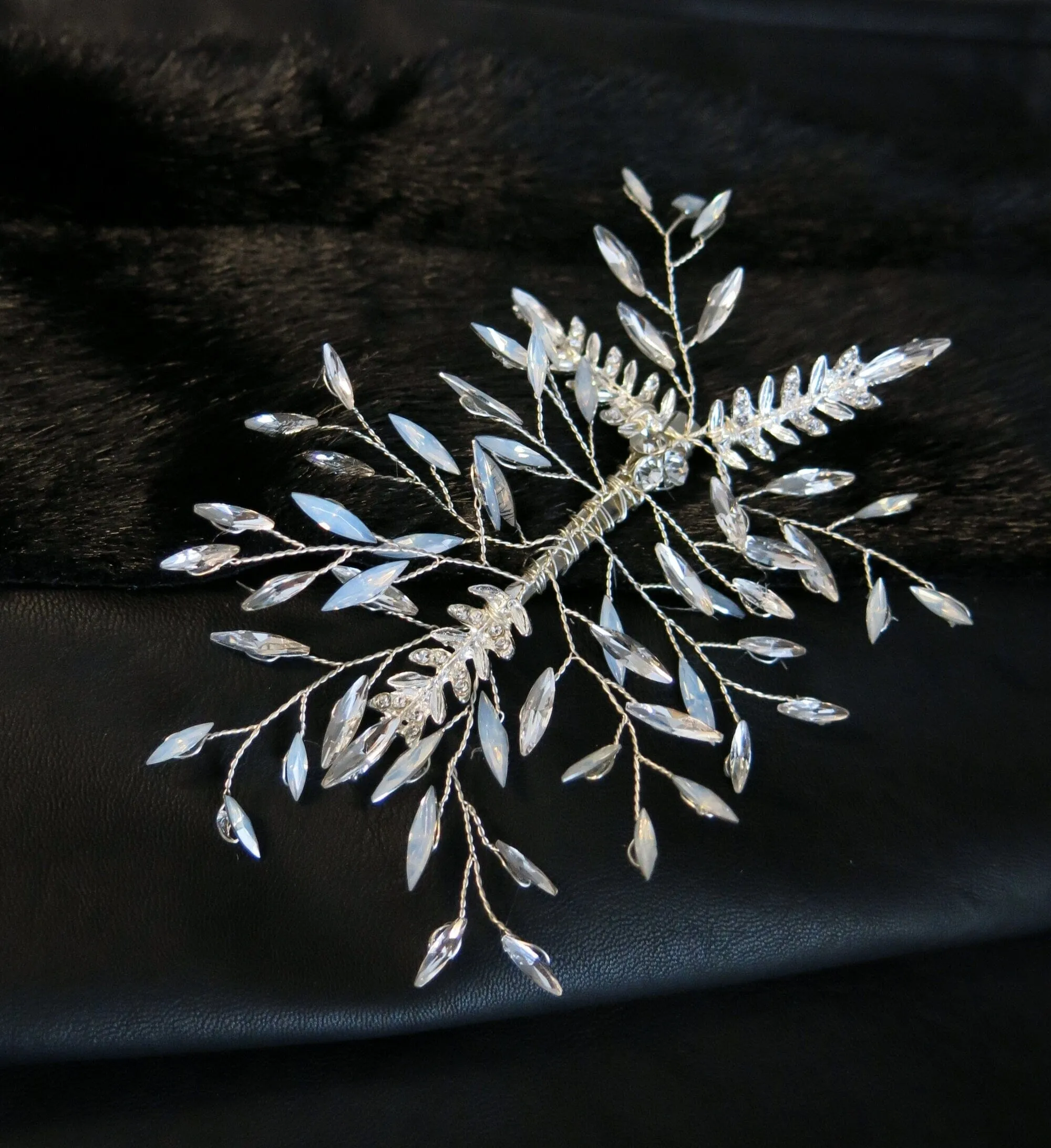 Rhinestone Bridal Hairclip, Wedding Opal Leaf Hairpiece, Crystal Gem Silver Alligator Hair Clip Accessory