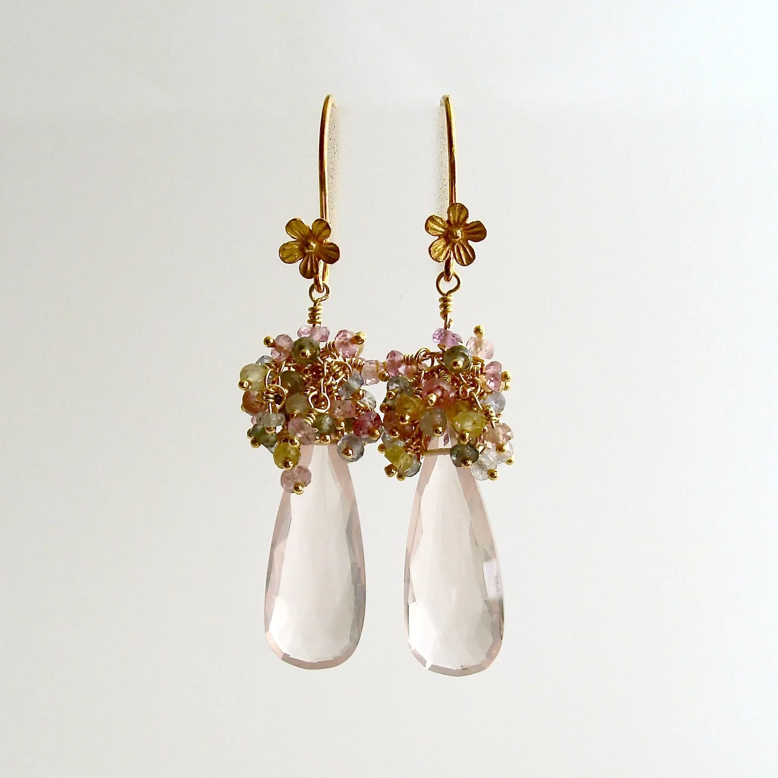 Rose Quartz Pastel Sapphires Cluster Tendrils Earrings - Juliet IV Earrings