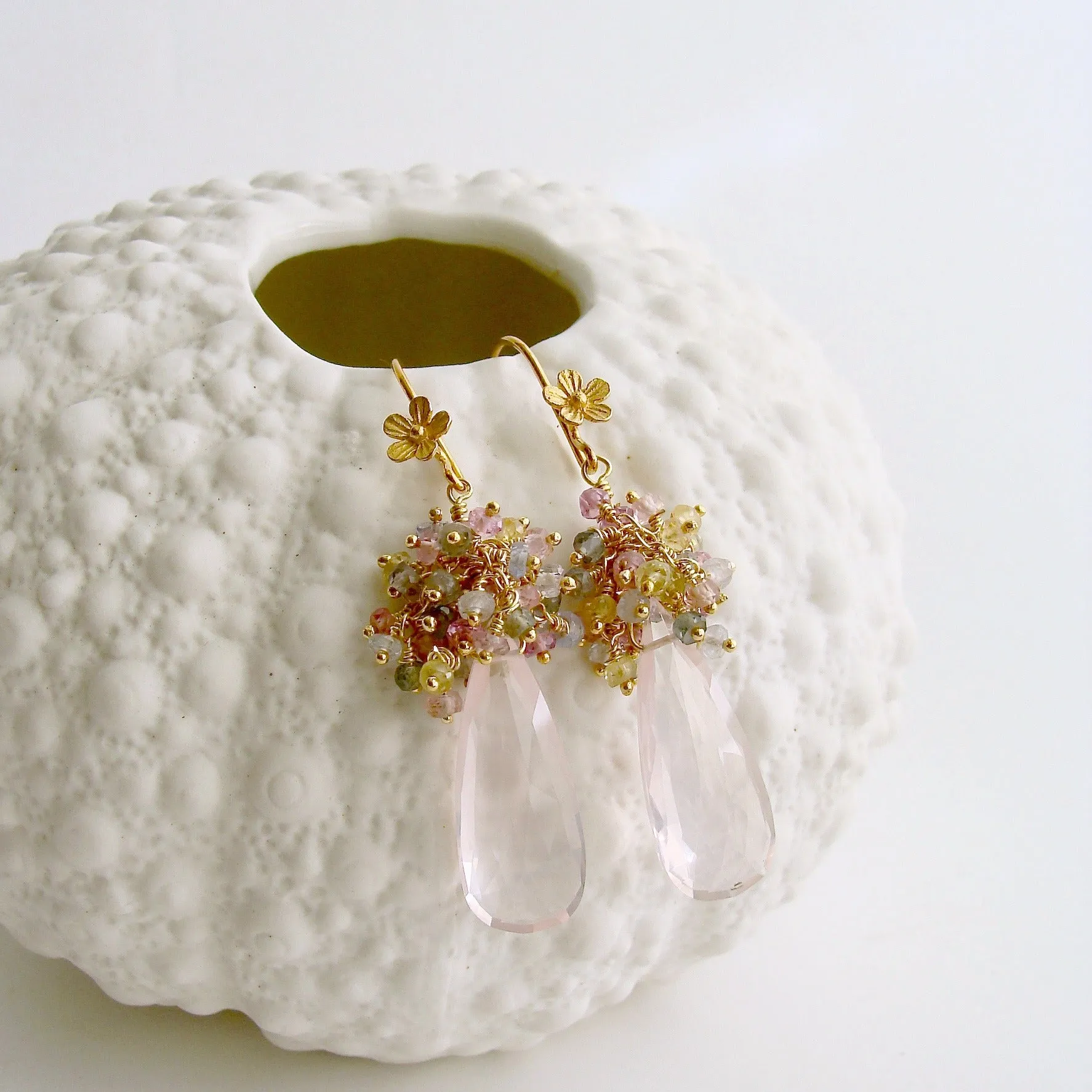 Rose Quartz Pastel Sapphires Cluster Tendrils Earrings - Juliet IV Earrings