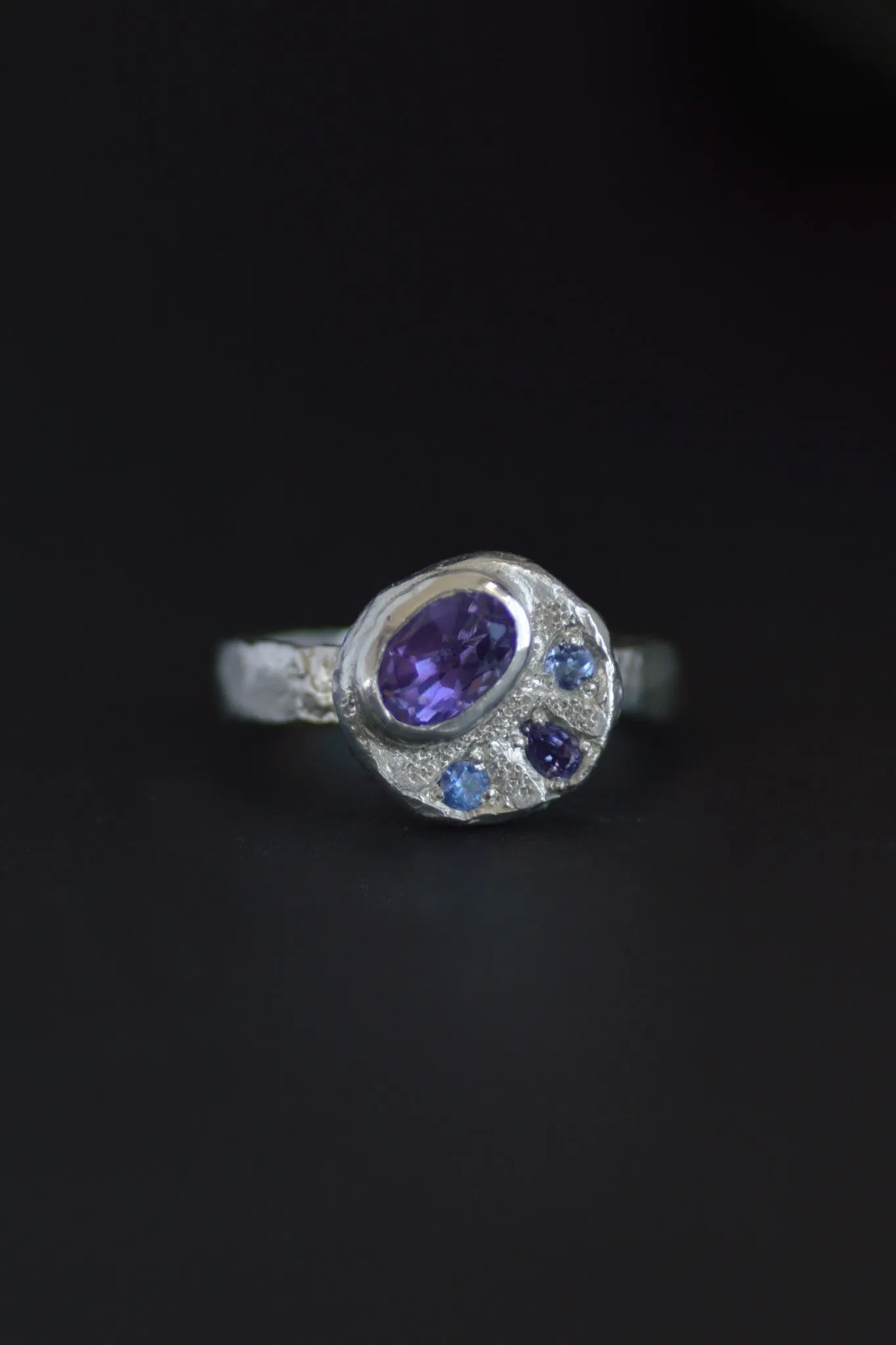 Sculpture Amethyst, Sapphire & Tanzanite Silver Ring 1208-4
