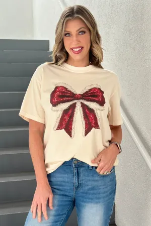 Sparkly Santa Bow Ivory Comfort Color Graphic Tee