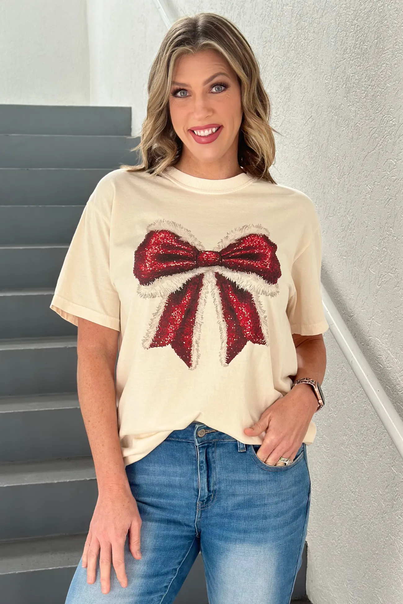 Sparkly Santa Bow Ivory Comfort Color Graphic Tee