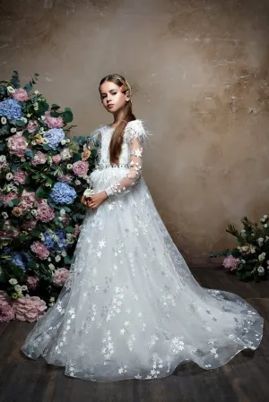 Star Lace Flower Girl Dress with Feathers & Rhinestones