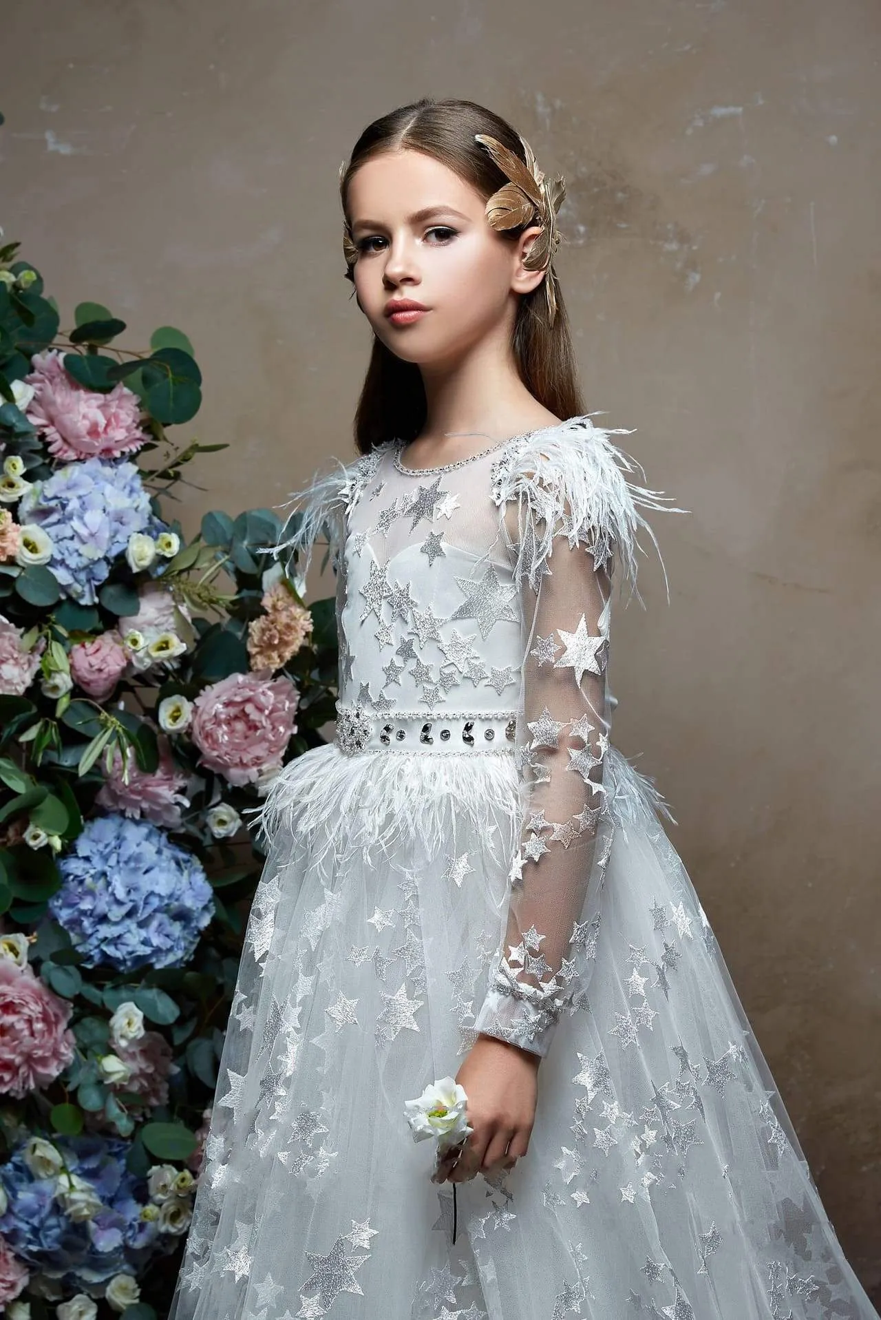 Star Lace Flower Girl Dress with Feathers & Rhinestones