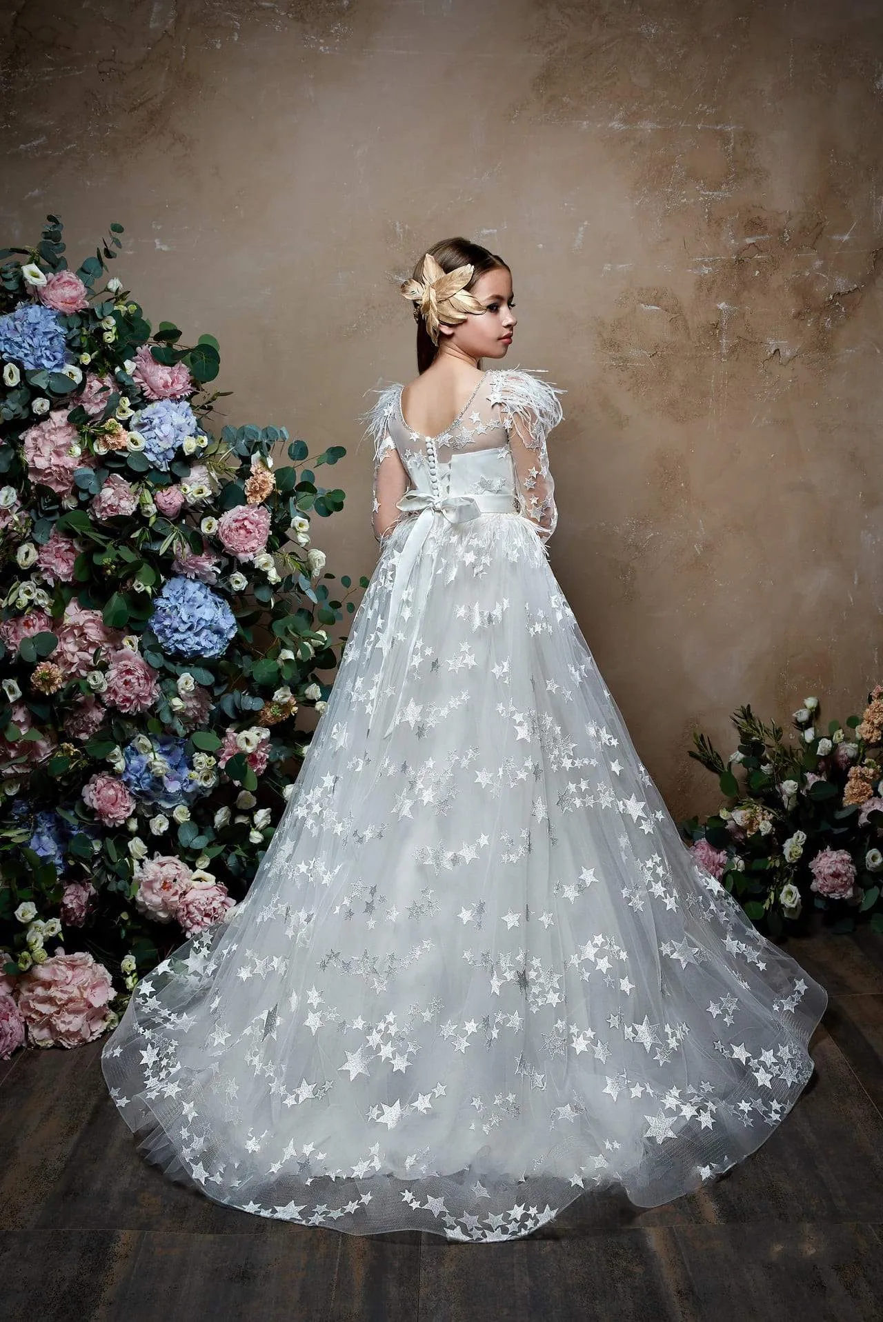 Star Lace Flower Girl Dress with Feathers & Rhinestones