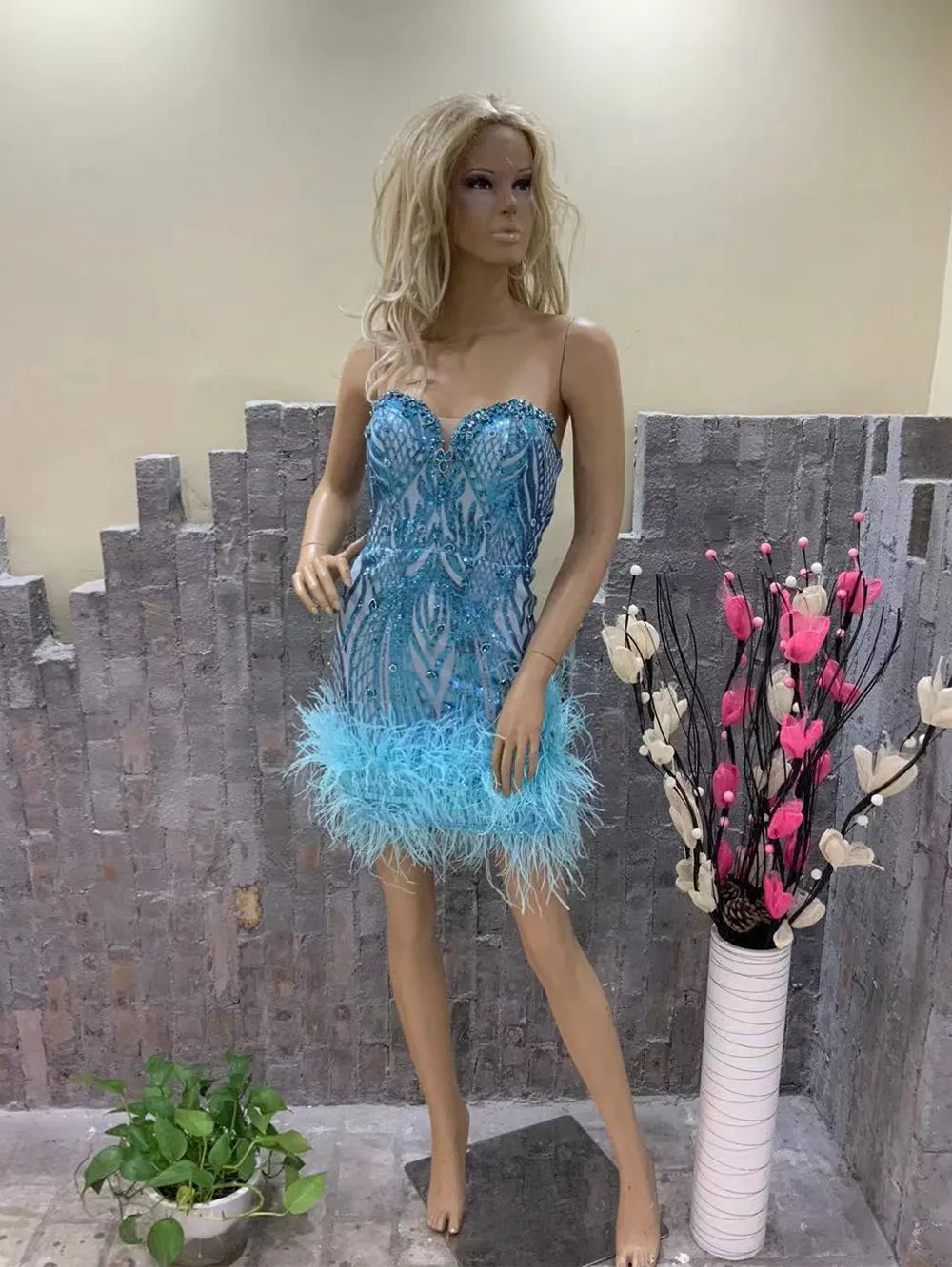 Strapless Sleeveless Feather Mini Bodycon Dress HT1136