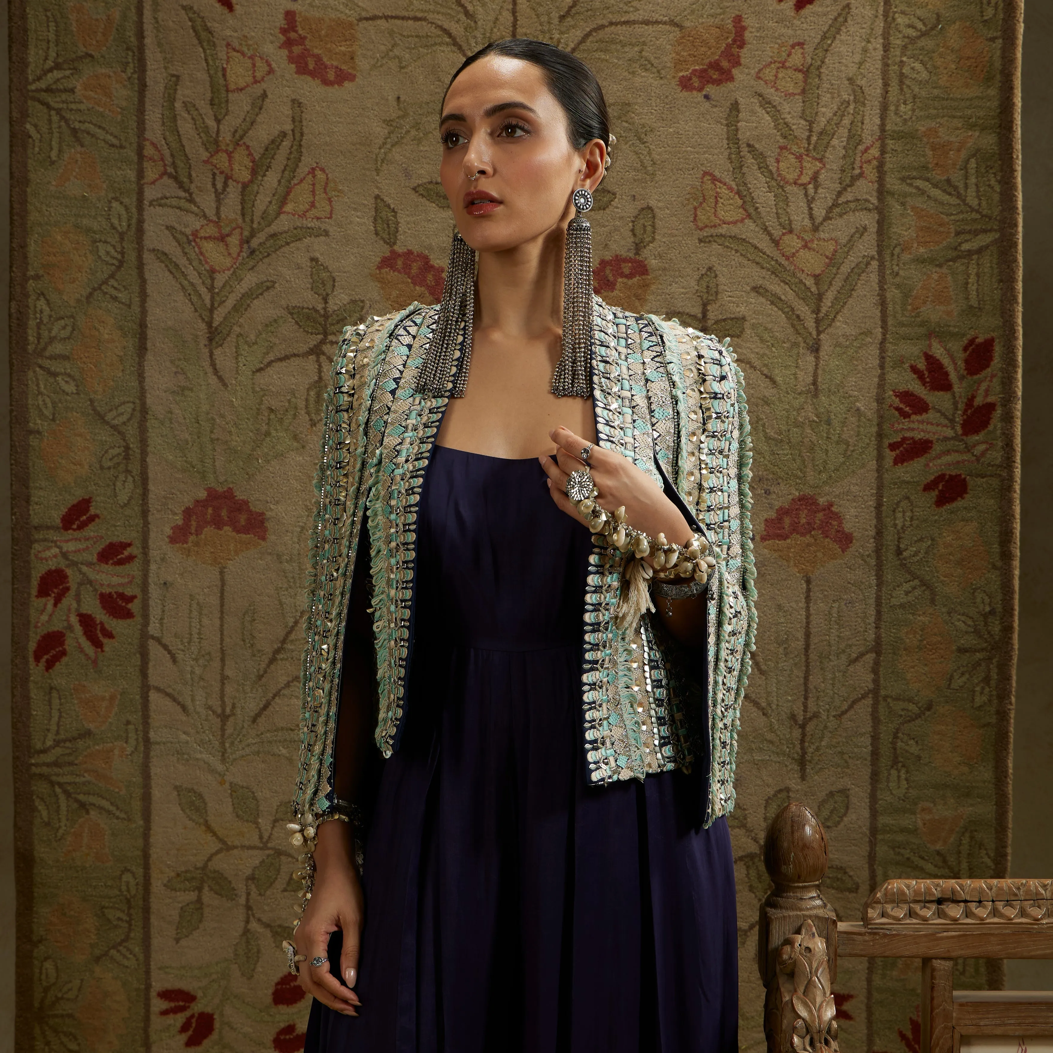 TALE BLUE EMBELLISHED JACKET WITH MIDNIGHT BLUE JUMPSUIT