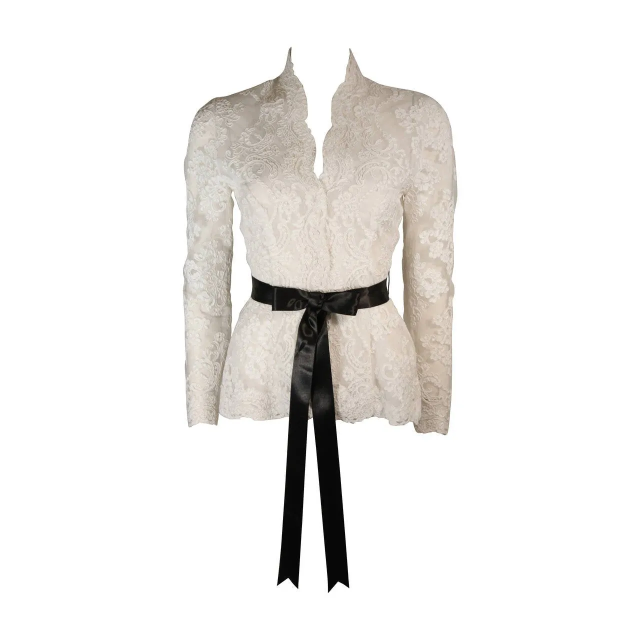 VICTOR COSTA White Lace Scalloped Edge Long Sleeve Blouse Size 4-8