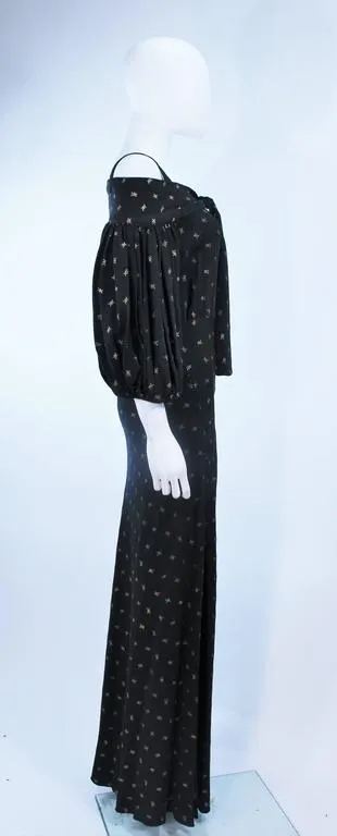 VINTAGE Circa 1930s Black and Gold Rayon Gown with Tie Front Size 6