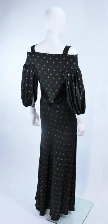 VINTAGE Circa 1930s Black and Gold Rayon Gown with Tie Front Size 6