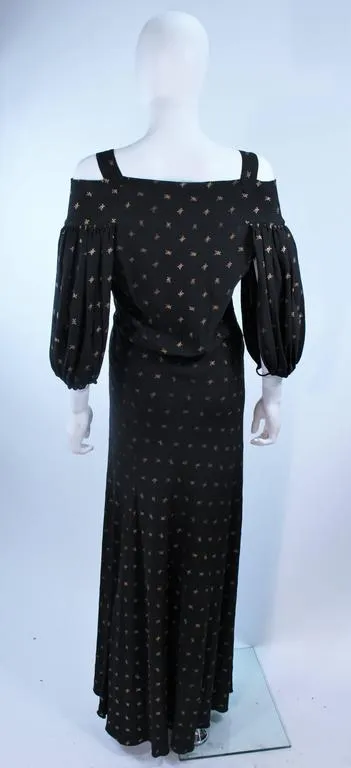 VINTAGE Circa 1930s Black and Gold Rayon Gown with Tie Front Size 6