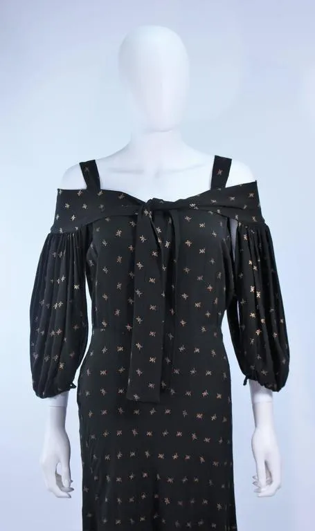 VINTAGE Circa 1930s Black and Gold Rayon Gown with Tie Front Size 6