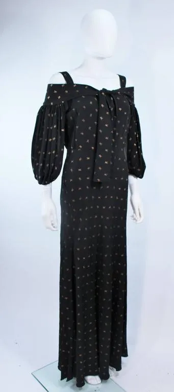 VINTAGE Circa 1930s Black and Gold Rayon Gown with Tie Front Size 6