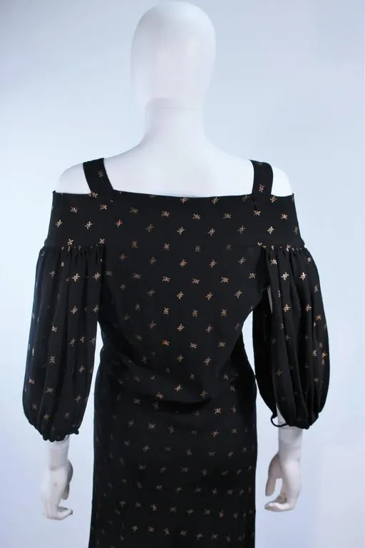 VINTAGE Circa 1930s Black and Gold Rayon Gown with Tie Front Size 6