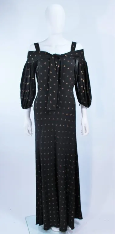 VINTAGE Circa 1930s Black and Gold Rayon Gown with Tie Front Size 6