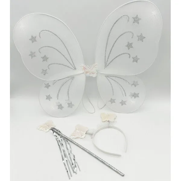 White Butterfly Wings, Hairband & Wand Set