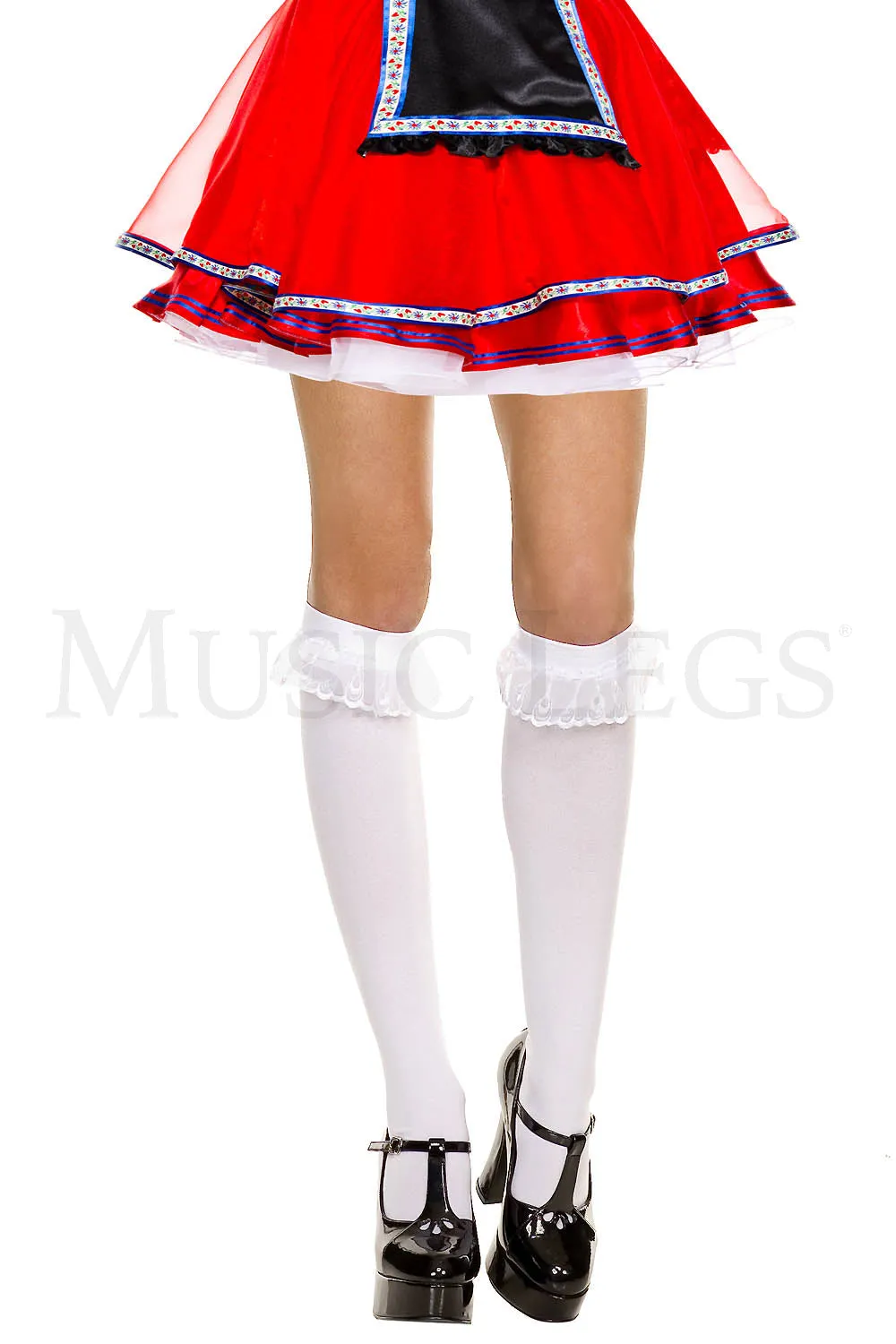White Lace Ruffle Trim Knee High Stockings