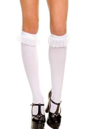 White Lace Ruffle Trim Knee High Stockings